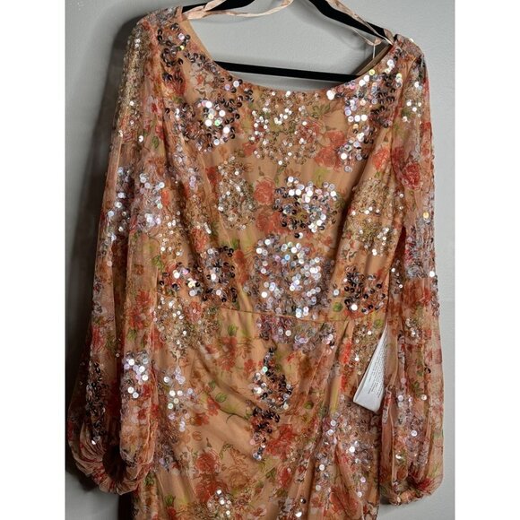 MAC DUGGAL Floral Sequin Long Sleeve Gown Dress in Apricot Size 12 NWT 93547 - Picture 6 of 8